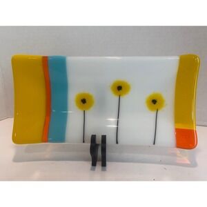 Handmade Fused Glass Rectangular Tray Yellow Flowers MCM Style Decor 9.75x4.75